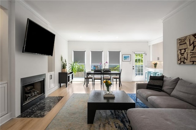 living area with a fireplace with flush hearth, crown molding, and light wood-style flooring