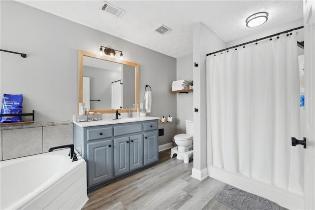 219 Summit Chase Dr, Jefferson, GA 30549 - full bath featuring a garden tub, vanity, toilet, wood finished floors, and a shower with curtain