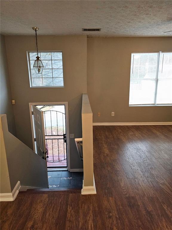 foyer with dark hardwood / wood-style floors, a wealth of natural light, and a textured ceiling