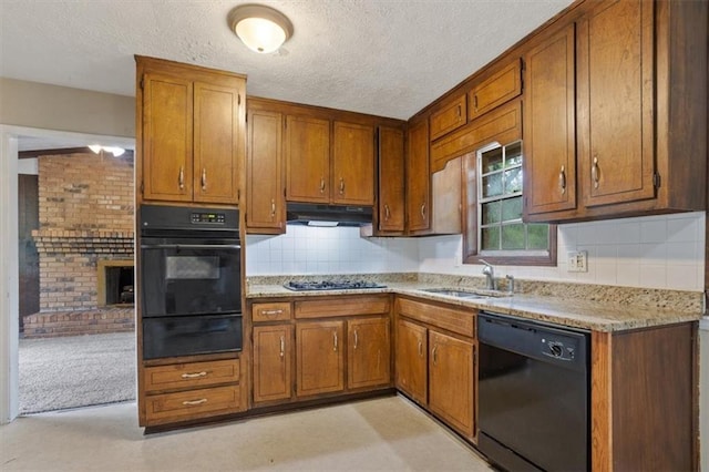 1513 Dupree Rd, Woodstock, GA 30189 - kitchen with black appliances, a warming drawer, brown cabinetry, under cabinet range hood, and tasteful backsplash