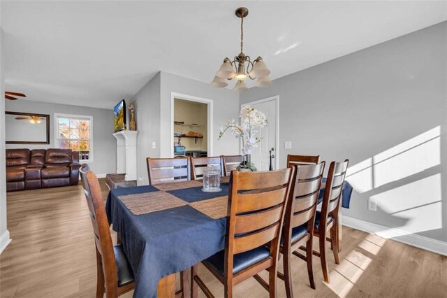 dining space with ceiling fan with notable chandelier and light hardwood / wood-style floors