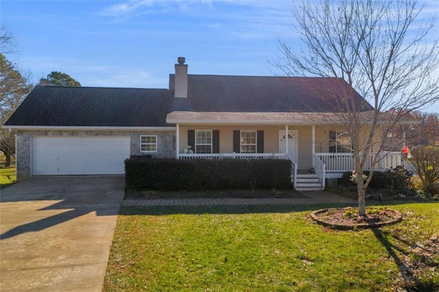 ranch-style home featuring driveway, a chimney, an attached garage, covered porch, and a front yard