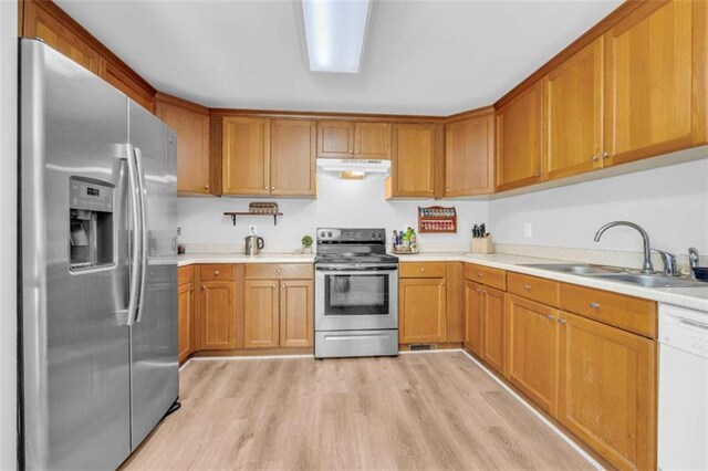 kitchen featuring appliances with stainless steel finishes, sink, and light wood-type flooring