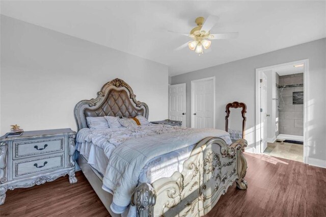 bedroom featuring dark hardwood / wood-style flooring, a walk in closet, a closet, and ceiling fan