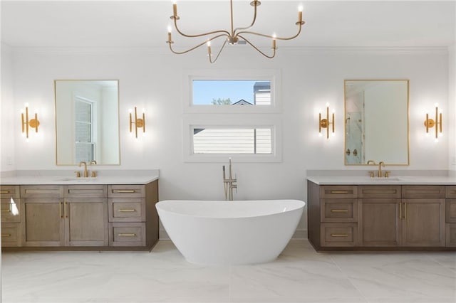 bathroom with vanity, independent shower and bath, and ornamental molding