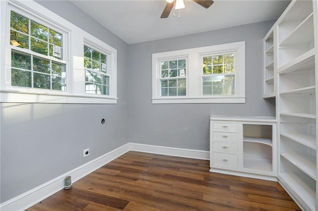 office area with dark hardwood / wood-style flooring and ceiling fan