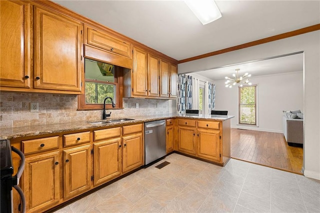 kitchen with sink, stove, stainless steel dishwasher, crown molding, and light stone countertops