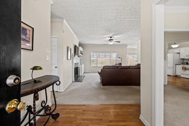 hallway with light carpet and ornamental molding