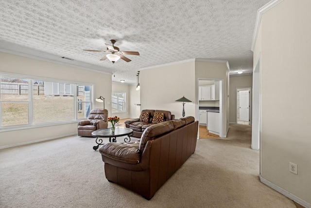 living area with light carpet, crown molding, visible vents, and a textured ceiling