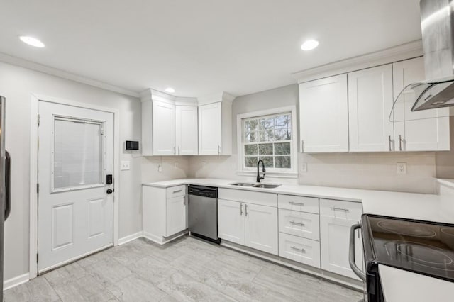 kitchen featuring white cabinetry, stainless steel dishwasher, sink, and black range with electric cooktop