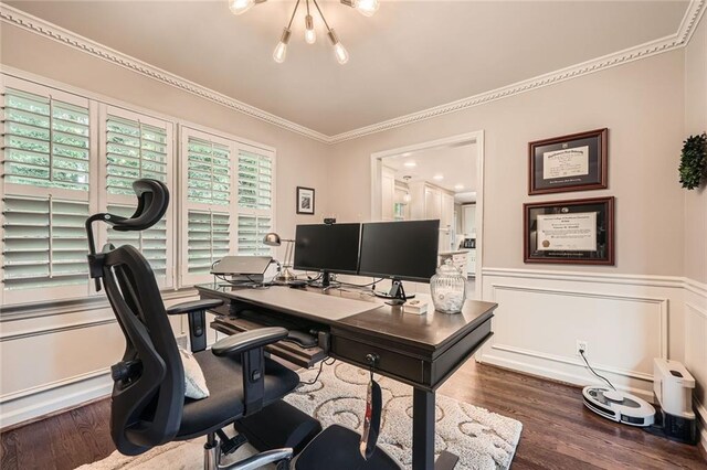 2917 Townley Cir, Atlanta, GA 30340 - office space with ornamental molding, wainscoting, wood finished floors, and a chandelier