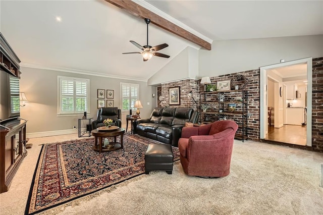 2917 Townley Cir, Atlanta, GA 30340 - living room featuring ceiling fan, carpet flooring, baseboards, brick wall, and crown molding