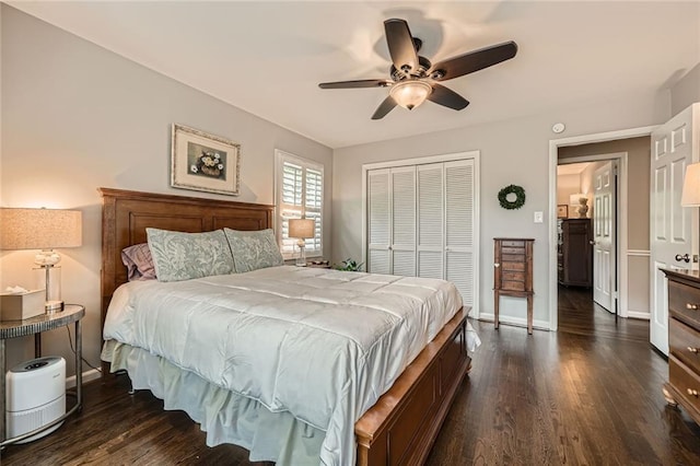 2917 Townley Cir, Atlanta, GA 30340 - bedroom featuring a closet, dark wood-type flooring, a ceiling fan, and baseboards