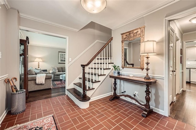 2917 Townley Cir, Atlanta, GA 30340 - staircase with baseboards, ornamental molding, and brick patterned flooring