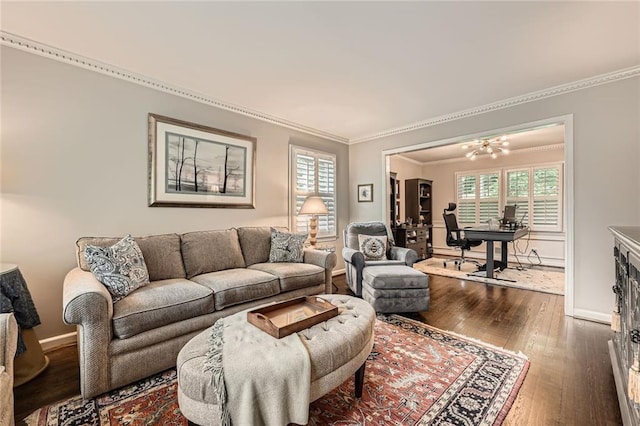 2917 Townley Cir, Atlanta, GA 30340 - living room featuring ornamental molding, an office area, hardwood / wood-style flooring, baseboards, and a chandelier