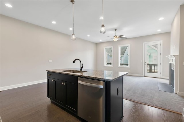 1954 Summit Trace Cir NW, Atlanta, GA 30318 - kitchen with stainless steel dishwasher, dark cabinetry, a ceiling fan, open floor plan, and dark wood-style floors