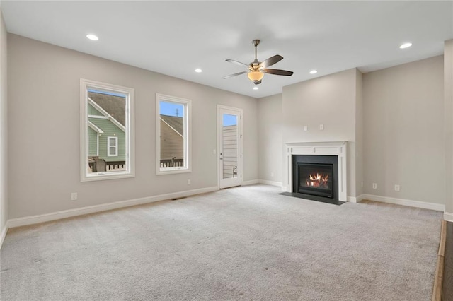 1954 Summit Trace Cir NW, Atlanta, GA 30318 - unfurnished living room with a ceiling fan, a fireplace with flush hearth, carpet floors, and recessed lighting