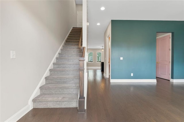 1954 Summit Trace Cir NW, Atlanta, GA 30318 - staircase with wood finished floors and recessed lighting