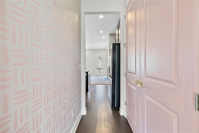1954 Summit Trace Cir NW, Atlanta, GA 30318 - hallway with dark wood-style flooring, recessed lighting, and wallpapered walls