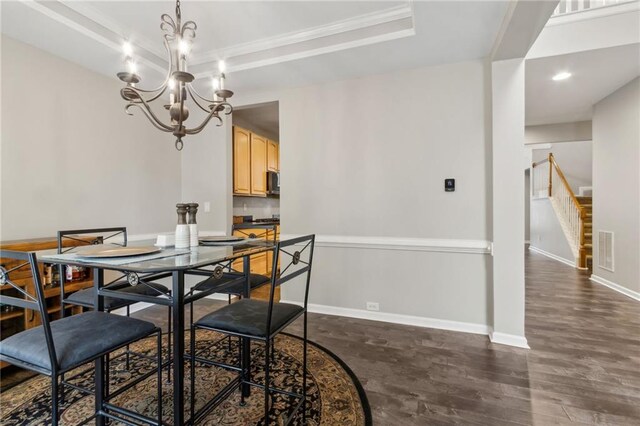 7927 Keepsake Ln, Flowery Branch, GA 30542 - kitchen with stainless steel fridge with ice dispenser, dark wood-style floors, light brown cabinets, recessed lighting, and dark countertops