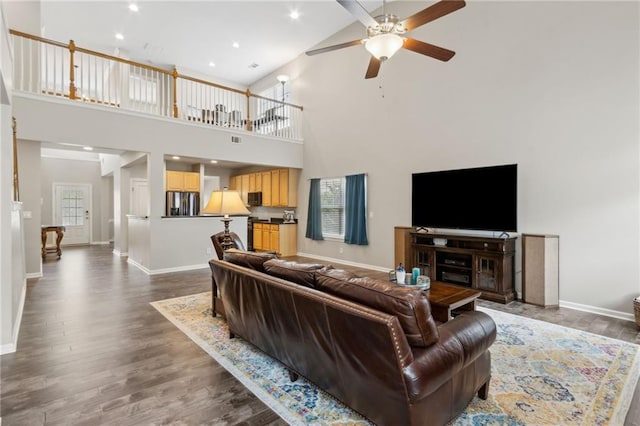 7927 Keepsake Ln, Flowery Branch, GA 30542 - living area featuring ceiling fan, high vaulted ceiling, wood finished floors, and recessed lighting