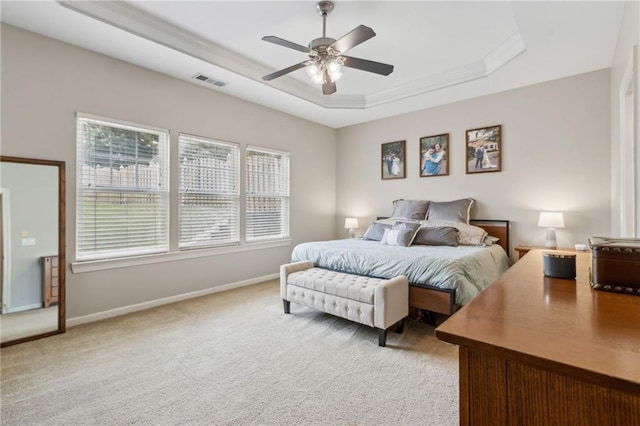 7927 Keepsake Ln, Flowery Branch, GA 30542 - carpeted bedroom with a raised ceiling, crown molding, and ceiling fan