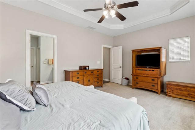 7927 Keepsake Ln, Flowery Branch, GA 30542 - bedroom featuring light colored carpet, crown molding, a raised ceiling, and ceiling fan