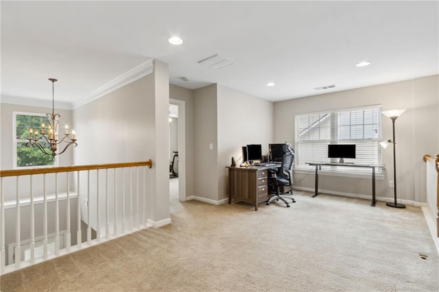 7927 Keepsake Ln, Flowery Branch, GA 30542 - office with carpet floors, a chandelier, crown molding, and recessed lighting
