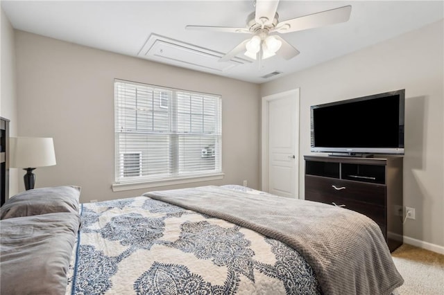 7927 Keepsake Ln, Flowery Branch, GA 30542 - carpeted bedroom featuring attic access and ceiling fan