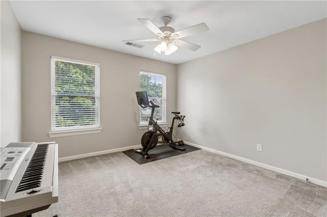 7927 Keepsake Ln, Flowery Branch, GA 30542 - workout area with a ceiling fan and carpet floors