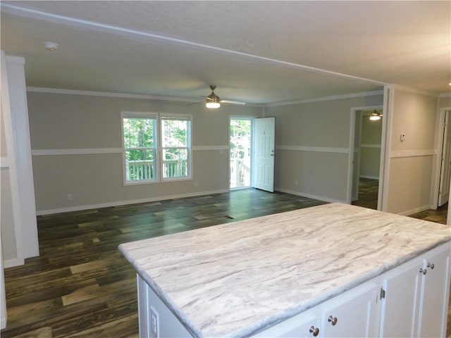 129 Lost Pl, Dahlonega, GA 30533 - kitchen featuring ceiling fan, ornamental molding, dark wood-style floors, open floor plan, and white cabinetry