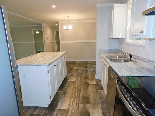 129 Lost Pl, Dahlonega, GA 30533 - kitchen featuring stainless steel appliances, a sink, wall chimney exhaust hood, white cabinets, and dark wood-style flooring