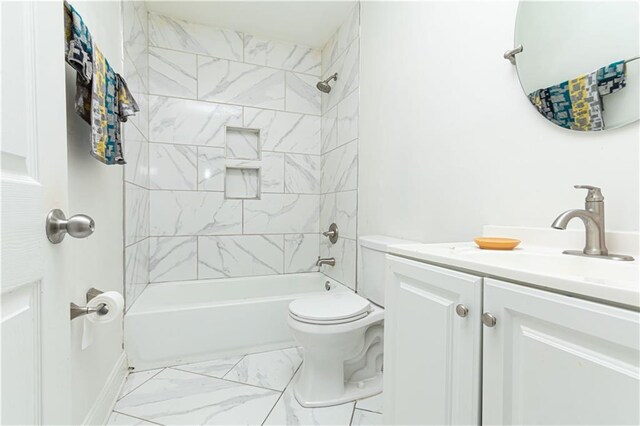 full bathroom featuring toilet, shower / tub combination, marble finish floor, and vanity