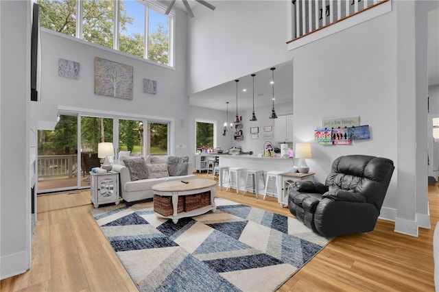 living room with plenty of natural light, baseboards, and wood finished floors