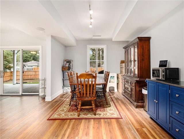 1033 Lanier Ave, Gainesville, GA 30501 - dining room with light wood finished floors, baseboards, and rail lighting