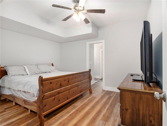 1033 Lanier Ave, Gainesville, GA 30501 - bedroom with light wood-style floors, a tray ceiling, baseboards, and a ceiling fan