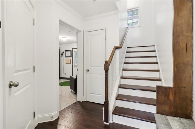 stairs featuring ornamental molding and wood finished floors