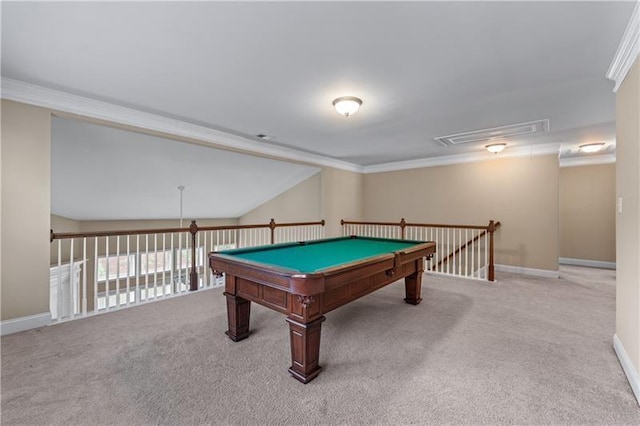 971 Reap Ln, Lawrenceville, GA 30043 - playroom with carpet floors, attic access, ornamental molding, vaulted ceiling, and billiards table