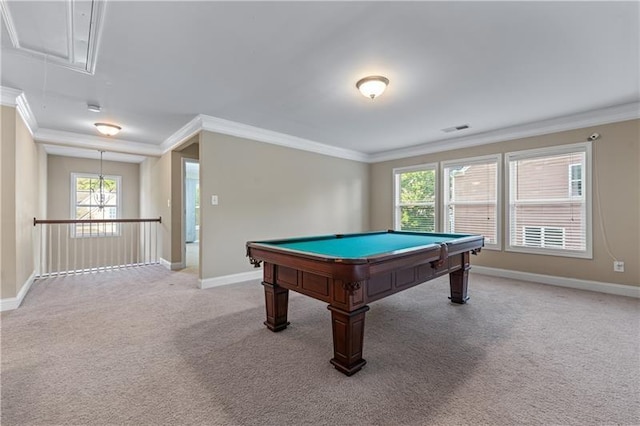 971 Reap Ln, Lawrenceville, GA 30043 - recreation room featuring attic access, crown molding, light carpet, and billiards