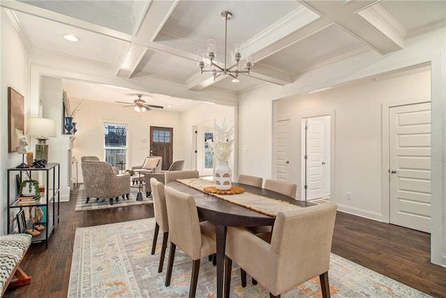 dining area featuring beam ceiling, coffered ceiling, baseboards, and wood finished floors