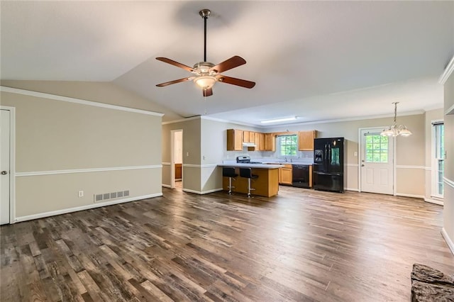 62 Sweetwater Pkwy, Powder Springs, GA 30127 - unfurnished living room with dark wood finished floors, a ceiling fan, ornamental molding, baseboards, and lofted ceiling