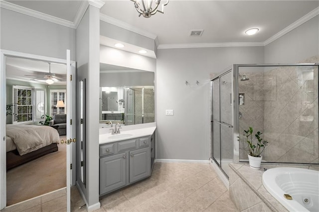 full bathroom featuring ensuite bathroom, vanity, visible vents, a stall shower, and crown molding