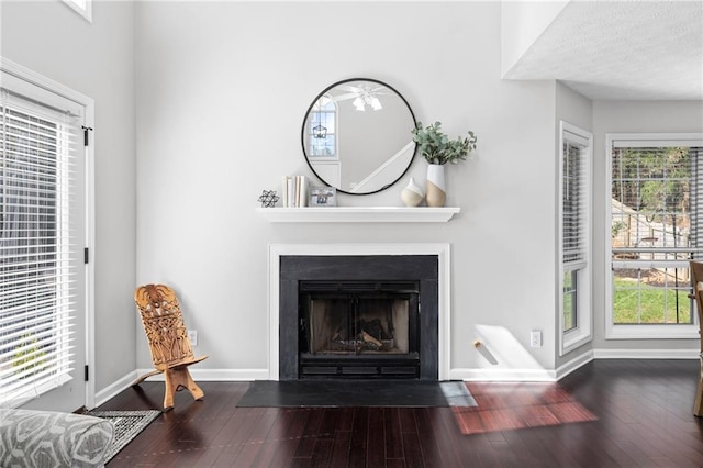 living area featuring hardwood / wood-style floors, a fireplace with flush hearth, baseboards, and a wealth of natural light