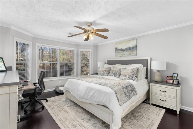 bedroom with dark wood-type flooring, baseboards, and ornamental molding