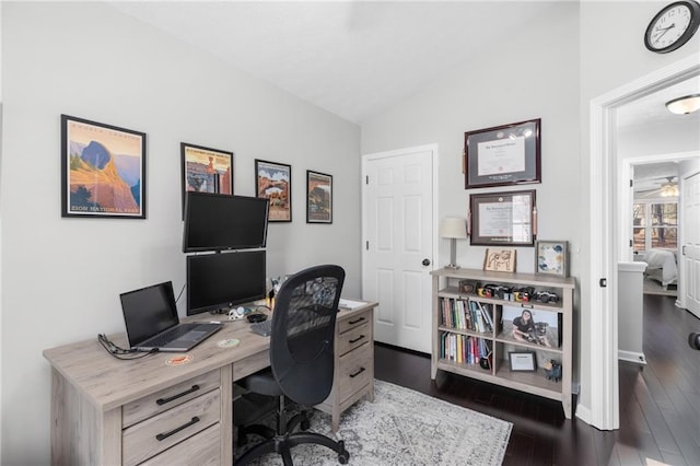 office area with ceiling fan, lofted ceiling, and dark wood-style flooring