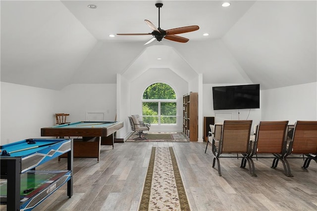 game room with vaulted ceiling, ceiling fan, light hardwood / wood-style floors, and billiards