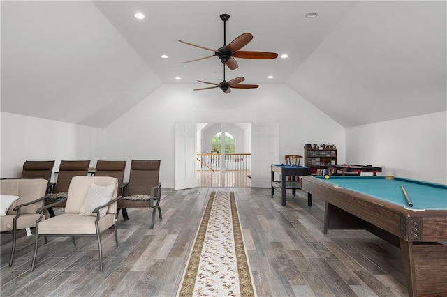 recreation room featuring billiards, wood-type flooring, and lofted ceiling