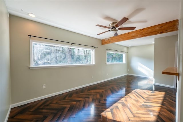 empty room with ceiling fan, baseboards, beam ceiling, and recessed lighting