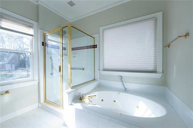 bathroom with a whirlpool tub, a shower stall, visible vents, and crown molding