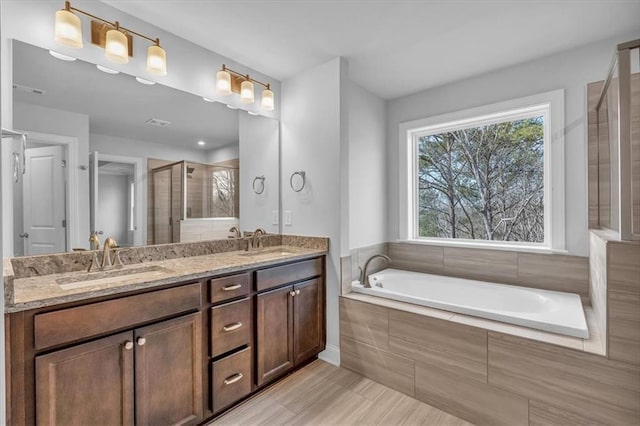 bathroom with vanity and separate shower and tub